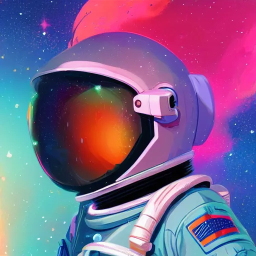 Prompt: fearless bipoc astronaut woman floating in orbit around a colorful exploding nebula, reflections of space beauty in her helmet visor, ambient lighting, 4 k, lois van baarle, ilya kuvshinov, rossdraws, jung gi kim, artstation