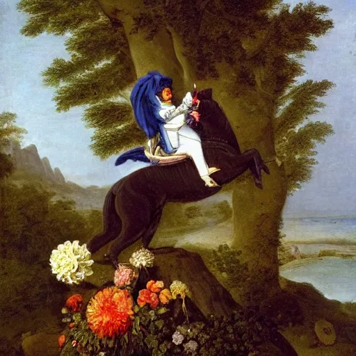 Image similar to a giant squirrel carrying napoleon bonaparte on its back, beach scene with flowers and foliage, detailed oil painting