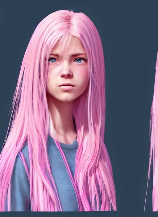 Prompt: concept art for the main character in the award winning film named life is better in pink. the character is a unnaturally beautiful teenage girl with deep dark blue eyes and long curled pink dyed hair, her air is visible and she is wearing light pink clothes. realistic cg render, anatomically correct, high key lighting, trending on art station, vibrant colors.