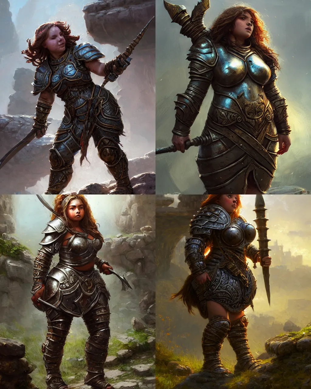 Prompt: robust female dwarf warrior wearing heavy plate armor, short chubby stocky body, at the stone ruins, rpg artwork, hyperdetailed, hyperrealistic, soft light, imposing presence, pino daeni and dan mumford, artstation, intricate metal, smooth, sharp focus
