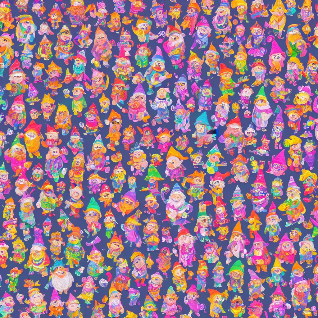 Prompt: 100 gnomes colorful in the style of lisa frank