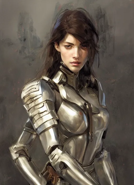 Image similar to a professional painting of a beautiful young female, clothed in military armor, olive skin, long dark hair, beautiful bone structure, symmetrical facial features, intricate, elegant, digital painting, concept art, smooth, sharp focus, illustration, from Metal Gear, by Ruan Jia and Mandy Jurgens and Artgerm and William-Adolphe Bouguerea