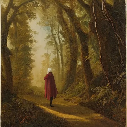 Image similar to a man in a cloak with a staff travelling trough the forest, neo-romanticism