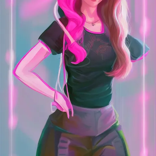 Image similar to very very very beautiful pink gamer girl wearing headphones standing in a pink girls room, full body portrait, eye contact, smiling, perfect face, perfect body, extreme long shot, drawn by charlie bowater