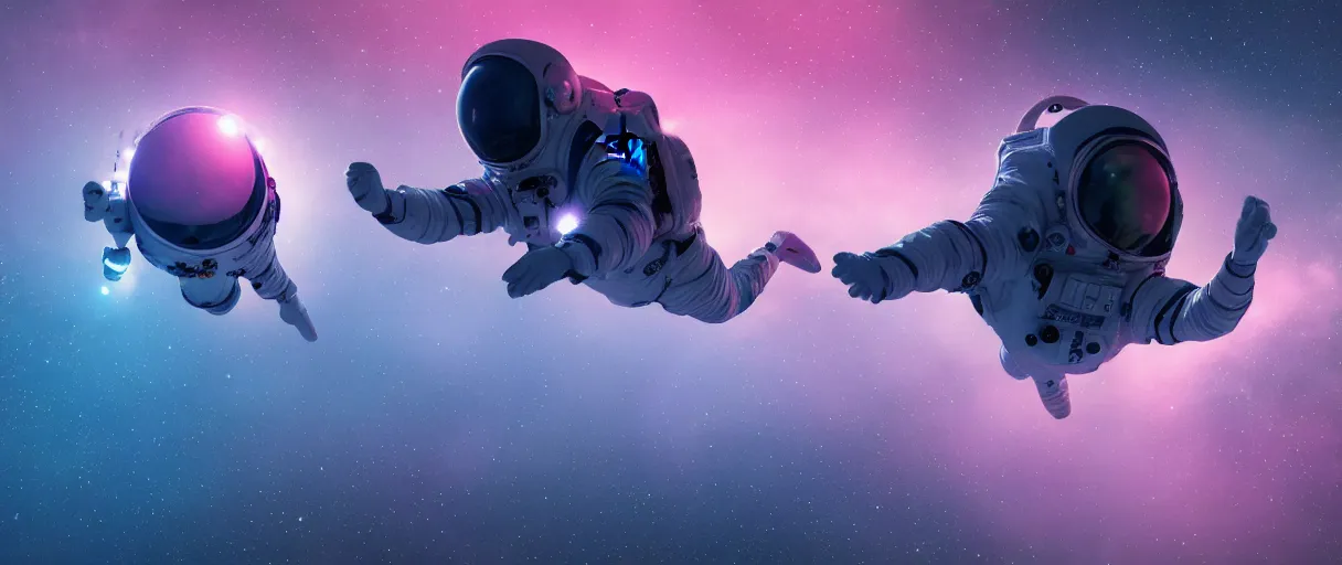 Prompt: close - up shot of flying body of space astronaut in weightlessness inside alien vegetation, mountains, small pink foggy and gloomy, blue lights, bokeh background, highly detailed science fiction illustration by jeremy geddes. photorealistic, octane render, hyper detailed, 8 k, movie still, artstation, unreal engine