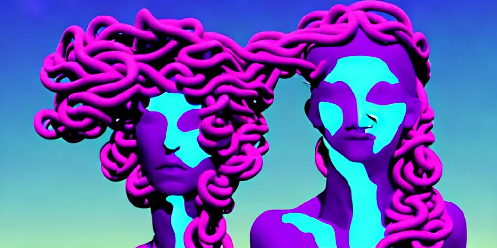 Image similar to modern sculpture, young woman as medusa, multiple poses, androgynous, vaporwave, distorted vhs still