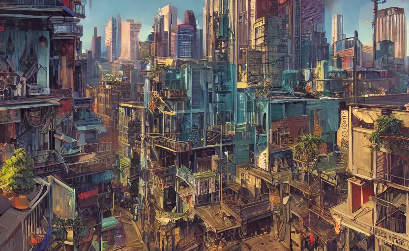 Prompt: a beautiful hyperrealistic digital matte painting of futuristic cyberpunk french quarter, new orleans, by eddie mendoza and david lozeau and geoff darrow and laurie greasley, 8 k, detailed, artstation, plants on balconies, musicians
