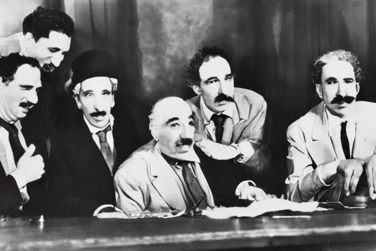 Image similar to the marx brothers at the yalta conference 1 9 4 5, famous photograph