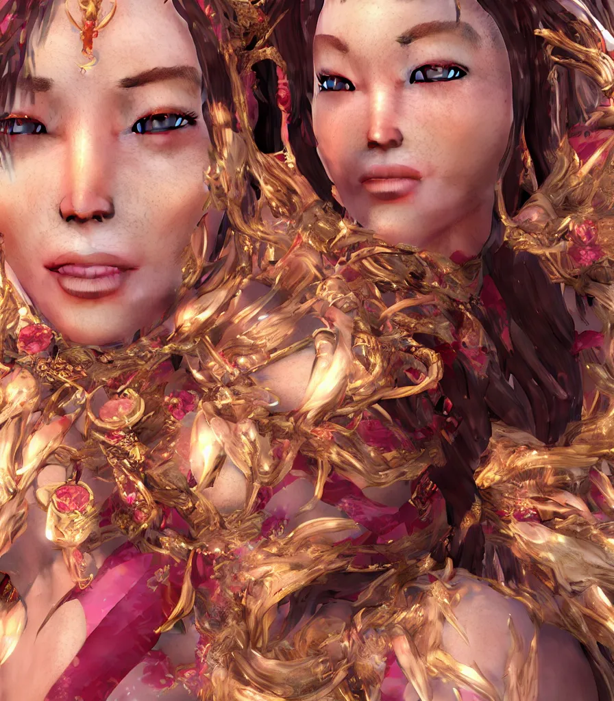 Image similar to closeup photoshoot of asian goddess of bliss and honey, silk flowing in wind, totemic ritualistic tarot sigils embedded in ruby skin, photoreal, unreal engine, redshift render, trending on artstation