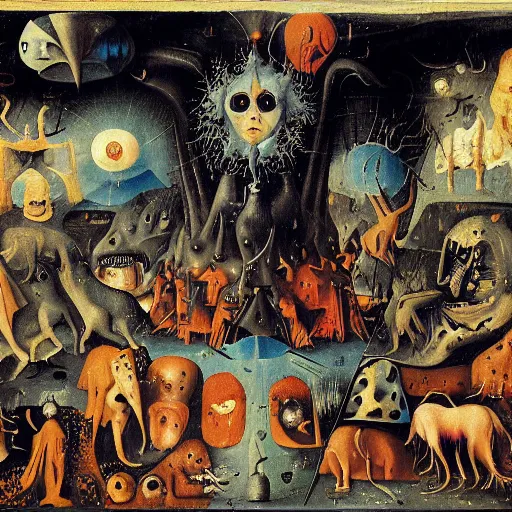 Image similar to apocalypse. By hieronymous Bosch and Lisa Frank