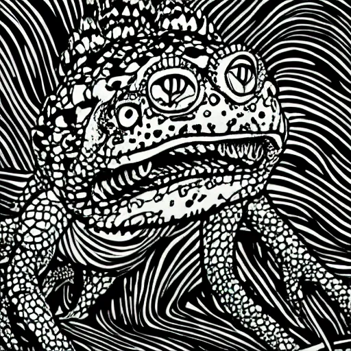 Image similar to deep camouflage angry toad evil eyes poking out eyes from under the water ultra sharp blur background simple background psychedelic contour ink drawing gustave dore katshushika Hokusai deep evil eyes