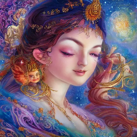 Image similar to a celestial goddess on her day off catching up on social media in bed, magic realism, art by josephine wall, art by huang guangjian, art by viktoria gavrilenko, art by amanda sage, trending on artstation