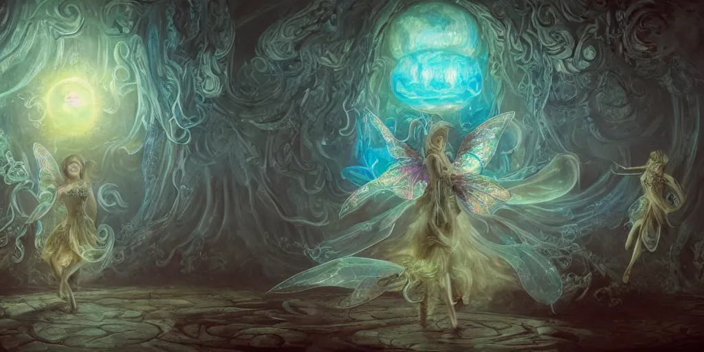 Prompt: concept art of translucent glowing curvy fairy dancing, lovecraftian, surrealism, renaissance, melting, round moons, rich clouds, fighting the horrors of the unknown, very detailed, volumetric light, mist, fine art, decaying, textured oil over canvas, epic fantasy art, very colorful, ornate intricate scales, floor of skulls, fractal gems