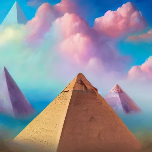 Prompt: a detailed fantasy landscape of dreamy pyramids over the pink clouds by lauri blank, artgerm, evelyn de morgan, 8K, 50mm lens