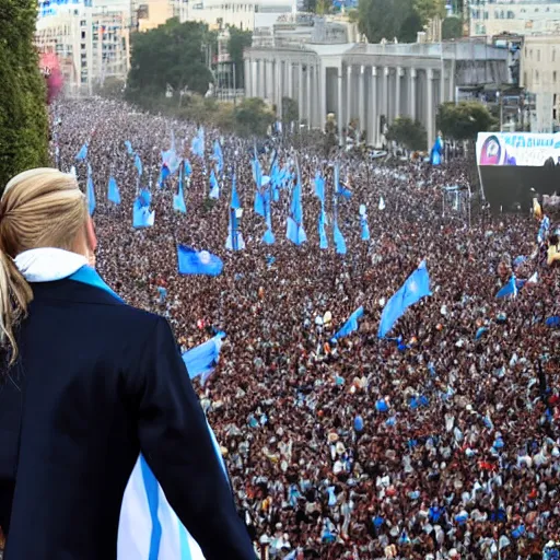 Image similar to Lady Gaga as president, Argentina presidential rally, Argentine flags behind, bokeh, giving a speech, detailed face, Argentina