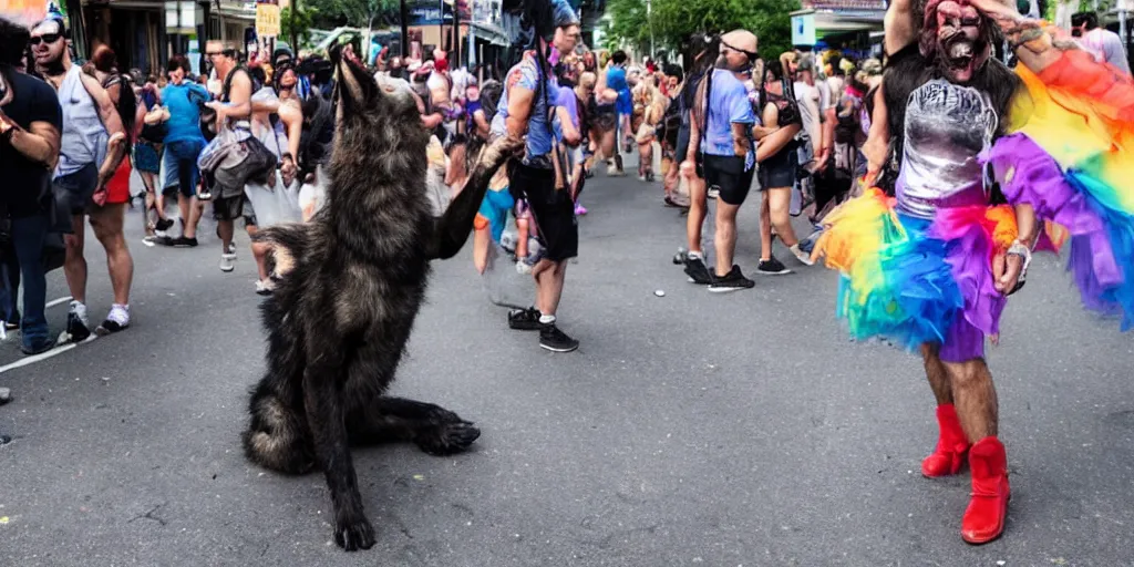 Prompt: a werewolf on the streets of New Orleans at pride