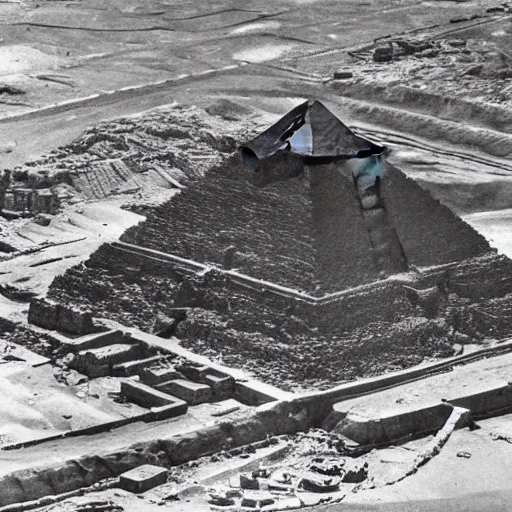 Image similar to an aerial photograph of the great pyramid of giza at the early stages of construction with heavy scaffolding in place, the top of the pyramid has not been built and is not visible, dslr