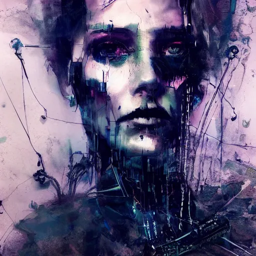 Image similar to a cyberpunk gothic noir detective, skulls, wires cybernetic implants, machine noir grimcore in cyberspace photoreal, atmospheric by jeremy mann francis bacon and agnes cecile, ink drips paint smears digital glitches