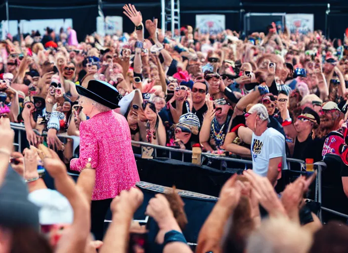 Image similar to photo still of queen elizabeth at vans warped tour!!!!!!!! at age 7 0 years old 7 0 years of age!!!!!!! throwing down in the mosh pit, 8 k, 8 5 mm f 1. 8, studio lighting, rim light, right side key light