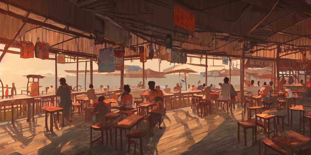 Image similar to interior of a kopitiam at pulau indah fishing village, near a jetty, early morning, detailed matte painting, low angle view, telephoto lens, bokeh, studio ghibli, artstation