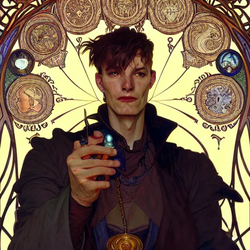 Image similar to full portrait of neil again an as destiny from the sandman comics, fantasy, d & d, intricate, detailed, by by alphonse mucha, adolfo hohenstein, alice russell glenny, stanley artgerm lau, greg rutkowski, detailed, trending on artstation, trending on artstation, smooth