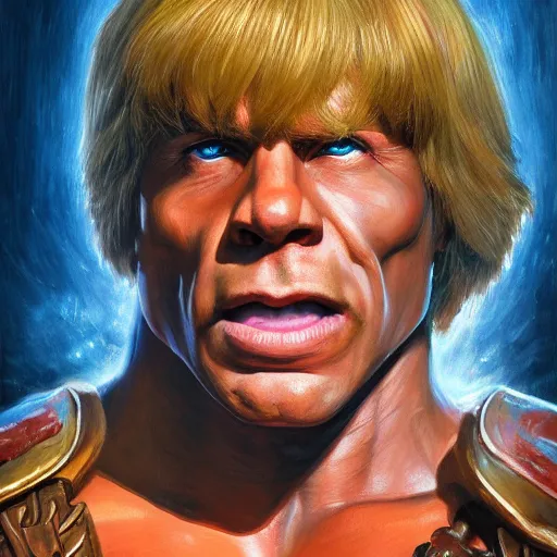 Image similar to portrait painting of he - man, ( ( ( art by kenne gregoire ) ) ), 4 k,, highly detailed, epic lighting