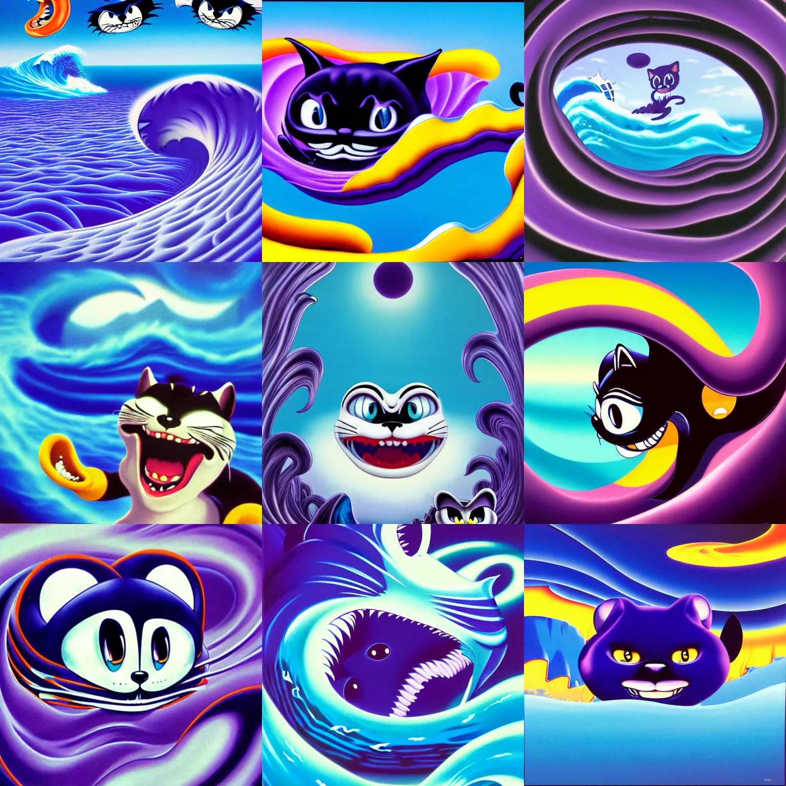 Prompt: surreal, sharp, detailed professional, high quality airbrush art MGMT album cover of a blue cresting ocean wave shaped like felix the cat's head, purple checkerboard background, 1990s 1992 Sega Genesis box art