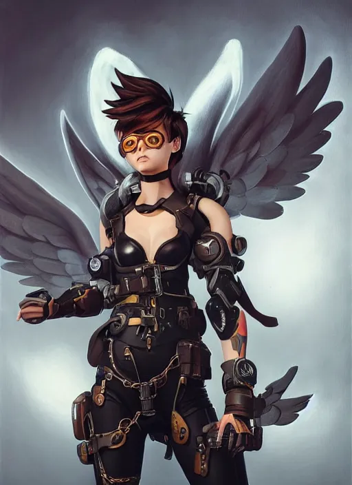 Image similar to full body artwork of tracer overwatch, wearing leather outfit, in style of zdzisław beksinski, angel wings, dramatic painting, wearing detailed steel collar, black shiny armor, chains, black harness, detailed face and eyes,