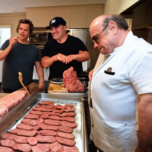 Prompt: Mark ruffalo and danny devito making sausages