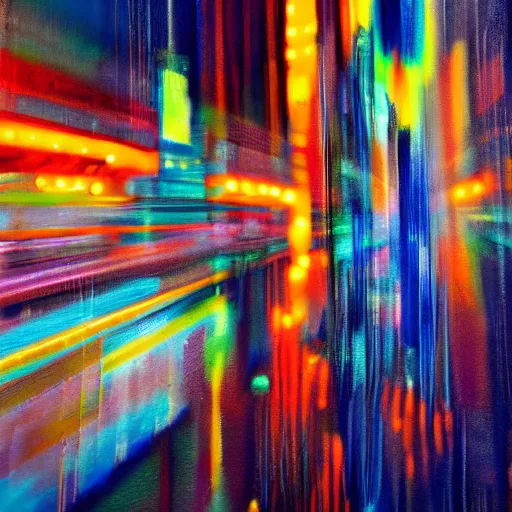 Prompt: abstract oil painting of a long exposure of a busy neon street