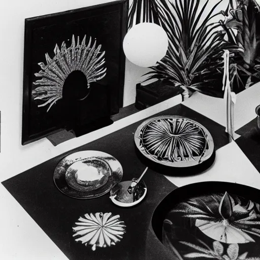 Image similar to A black and white photography of an exhibition space with objects of Sun Ra, Marcel Duchamp and tropical plants, 60s, offset lithography print, close up shot