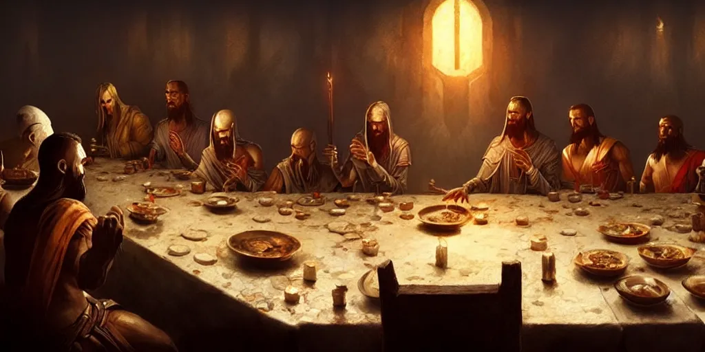 Image similar to morrowind last supper by greg rutkowski, digital painting, trending on artstation, sharp focus, 4 k