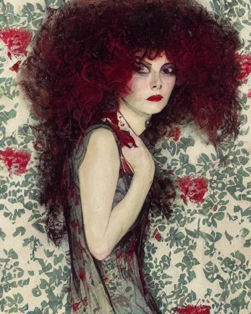 Prompt: a beautiful but sinister woman in layers of fear, with haunted eyes and curly hair, 1 9 7 0 s, seventies, floral wallpaper, delicate embellishments, a little blood, crimson, painterly, offset printing technique, by william russell flint