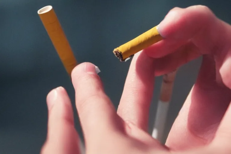 Image similar to Close-up of cigarette in five fingers, thin soft hand holding cigarette, hyper realistic, natural