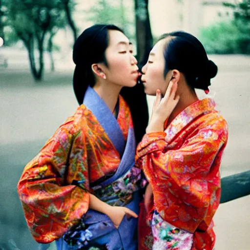 Image similar to two beautiful asian models kissing with no kimono, cinestill, photography