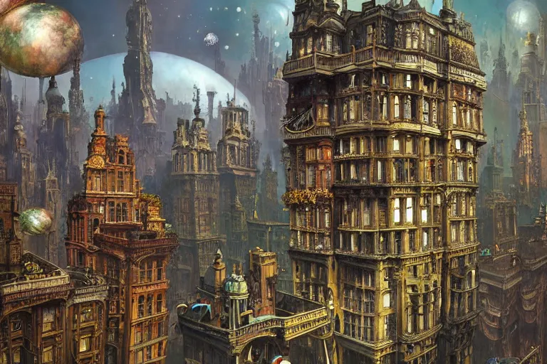 Prompt: hyper detailed victorian scifi cityscape in collaboration with Ray Caesar and Louis Wain (1920)