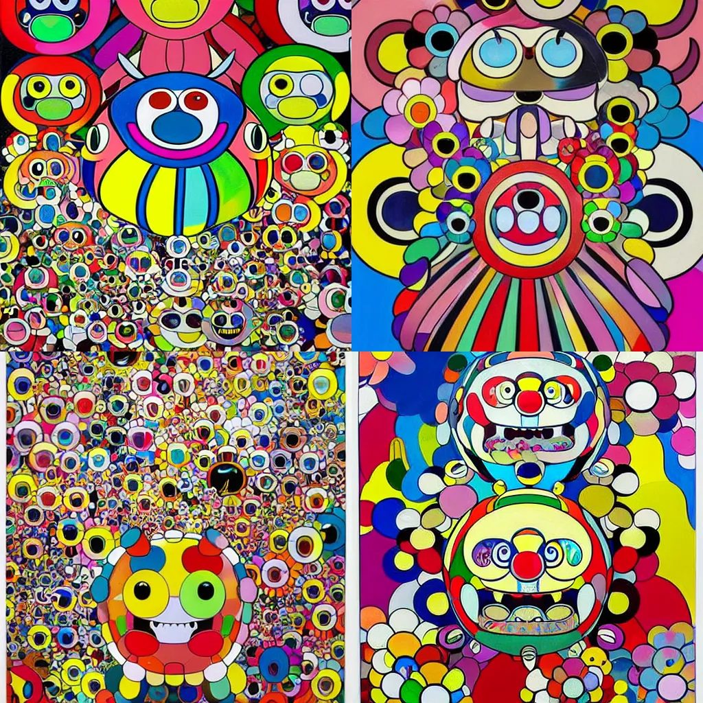 Prompt: a painting of a monster with many different colors, a pop art painting by Takashi Murakami, featured on pixiv, pop surrealism, official art, 2d game art, maximalist, poster art, gutai group, panfuturism, lowbrow