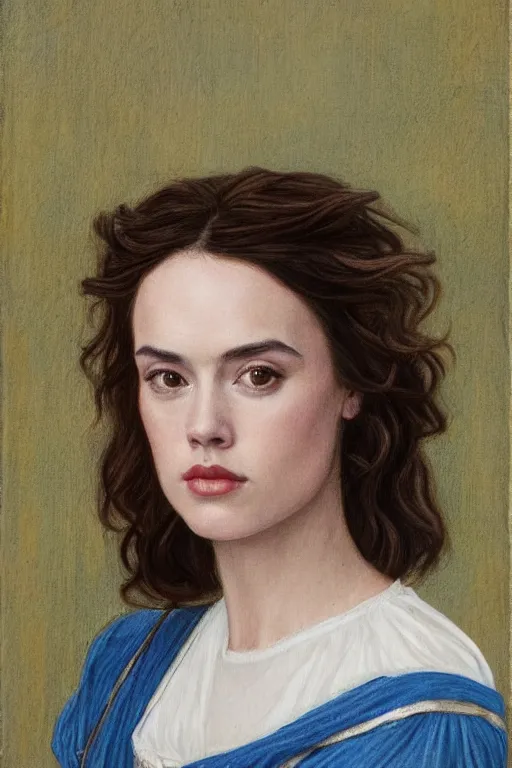 Prompt: a pre raphaelite painting of daisy ridley wearing white acrylic retro oval sunglasses by dante gabriel rossett