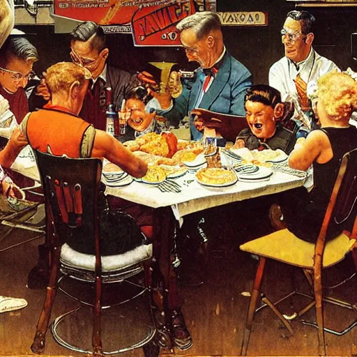 Image similar to a norman rockwell painting of the nasa mars rover eating thanksgiving dinner with robots, award winning,
