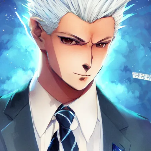 Prompt: semi realistic anime illustration of short slick backed white haired man, wearing dark blue suit, wielding katana, with beautiful hyperdetailed sky blue eyes, facing camera directly, full body shot, full face portrait made by Stanley Artgerm, WLOP, Rossdraws, James Jean Andrei Riabovitchev, Marc Simonetti, Yoshitaka Amano, Artstation