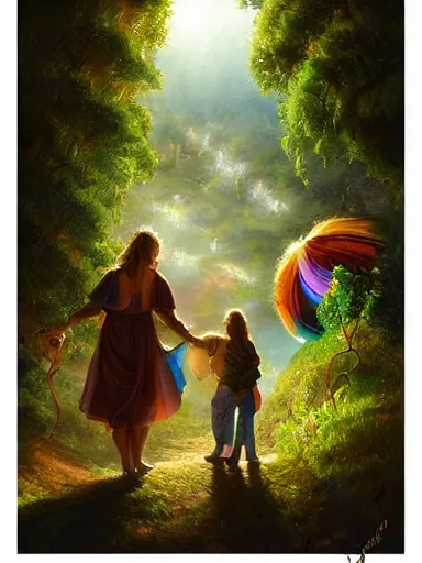 Prompt: a happy familly under the rainbow. in the green valeys near a village. intricate, elegant, highly detailed, digital painting, artstation, concept art, sharp focus, illustration, by justin gerard and artgerm, 8 k