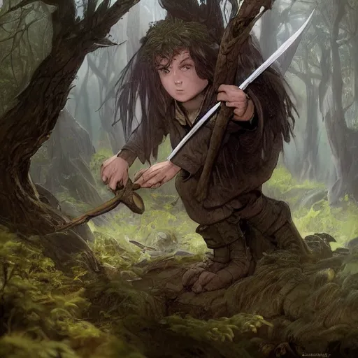 Prompt: A beautiful digital painting of a 30 year old hobbit dressed as a hobbit in the mirkwood forrest holding sting the sword looking at the camera by Stanley Artgerm Lau, frank frazetta, Rossdraws, James Jean, gerald brom, Andrei Riabovitchev, Marc Simonetti, and Sakimichan, trending on artstation, SFW version