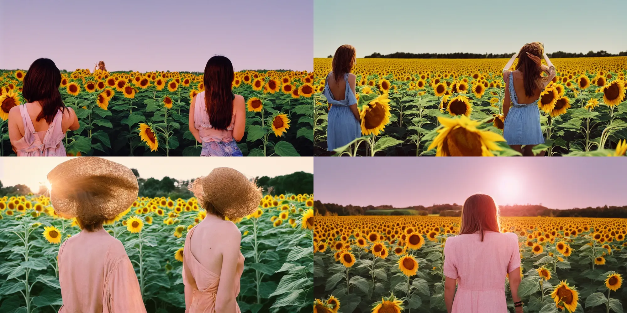 Prompt: photograph of a beautiful!!! woman! from the back in a tall!! sunflower field by mark owen. pastel colors. kodak!! portra 4 0 0 film. whirl bokeh. mamiya 7. highly detailed. hq. photoreal. golden hour. lens flare. faded film. raw. in - frame