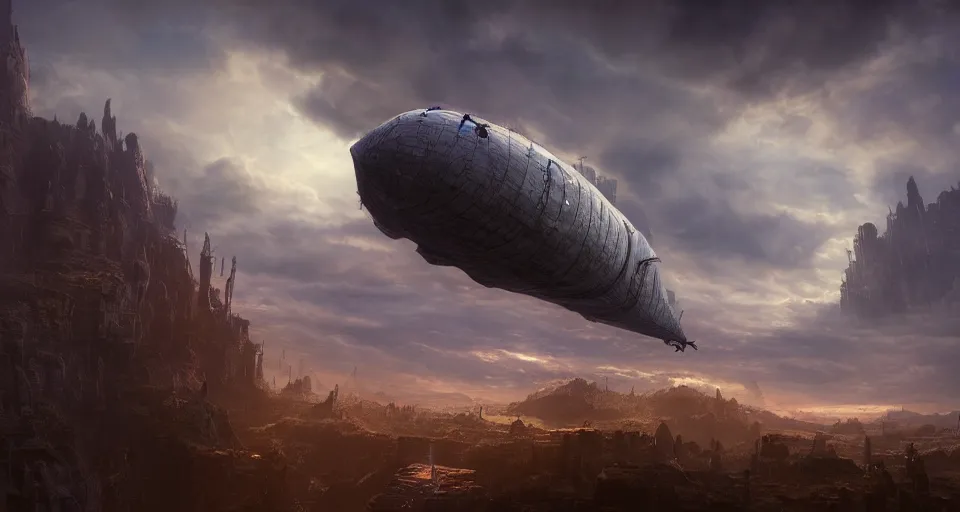 Image similar to An epic fantasy comic book style landscape painting of a fantasy airship flying through the clouds towards a city built within a chasm, unreal 5, DAZ, hyperrealistic, octane render, dynamic lighting