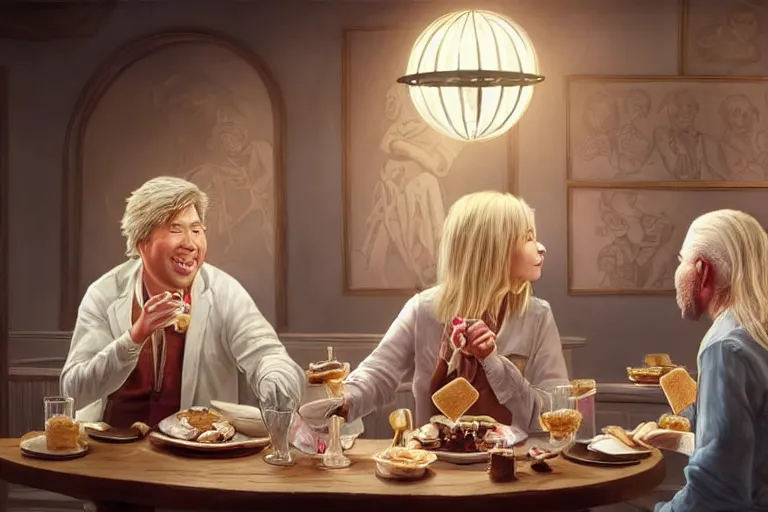 Prompt: portait of michael mcintyre and middle aged blonde woman with short hair and a blonde woman with long hair having dessert at sunday in brooklyn restaurant, anatomy, bathed in light, highly detailed, photorealistic, artstation, smooth, sharp focus, illustration, unreal engine 5, 8 k, art by artgerm and greg rutkowski and edgar maxence