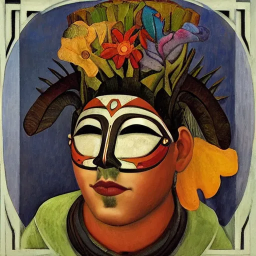 Prompt: head of a beautiful boy wearing a mask made of metal flowers, by diego rivera and john watkiss, art deco shaman, stylized flowers, art brut, symbolist, dramatic lighting, god rays, iridescent beetles, clean crisp graphics, smooth sharp focus, extremely detailed