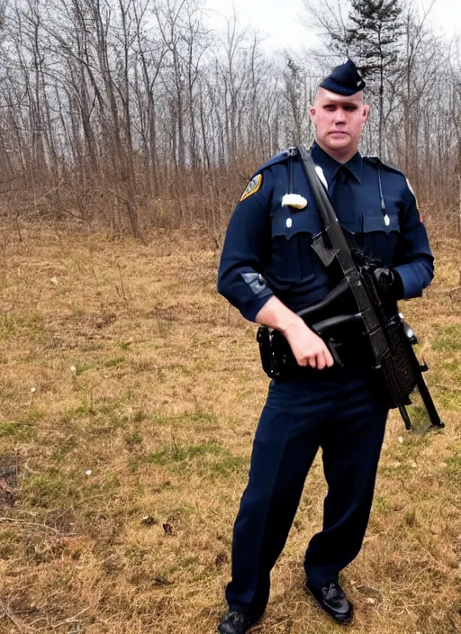 Image similar to Minnesota State Trooper in uniform and rifle in hand, standing victorious over a dead zombie.