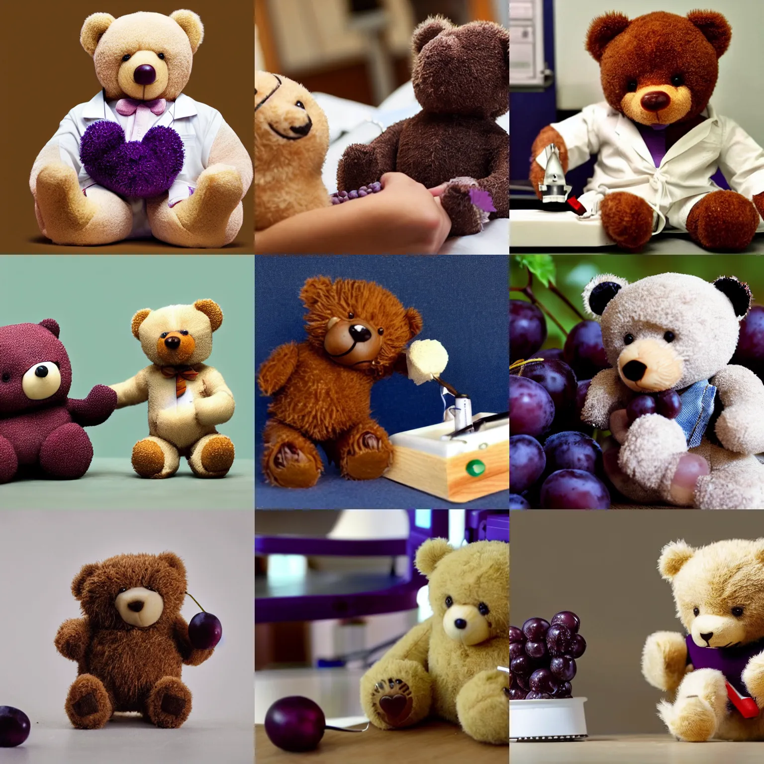 Prompt: a cute teddy bear who is a doctor doing surgery on a grape