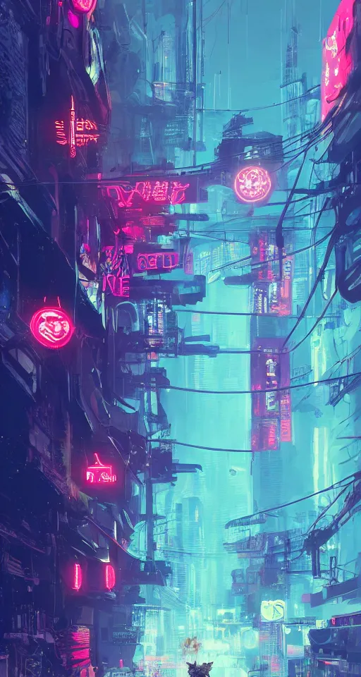 Image similar to a detailed matte painting of a neon cat under a black light with red led eyes, the cat is in a intricately detailed neo neon cyberpunk Japanese city, the angel of death with a halo, colorful background not limited to children, by Ismail Inceoglu , concept art, featured on cgsociety