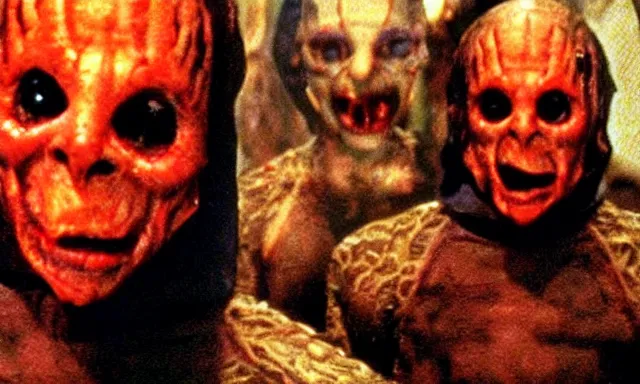 Prompt: full - color cinematic movie still from a 1 9 8 7 horror film by clive barker featuring cenobites welcoming people to the hellish underworld. creepy ; terrifying.